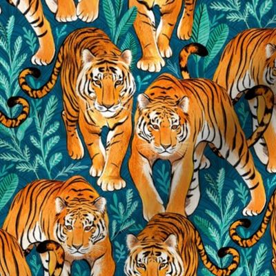 The Hunt - Stalking Tigers on Teal Blue and Green - medium