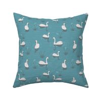 291 - Graceful gentle swans swimming among reeds in the pond - teal green background, large scale for wallpaper, bed linen and more.