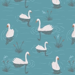 291 - Graceful gentle swans swimming among reeds in the pond - teal green background, large scale for wallpaper, bed linen and more.