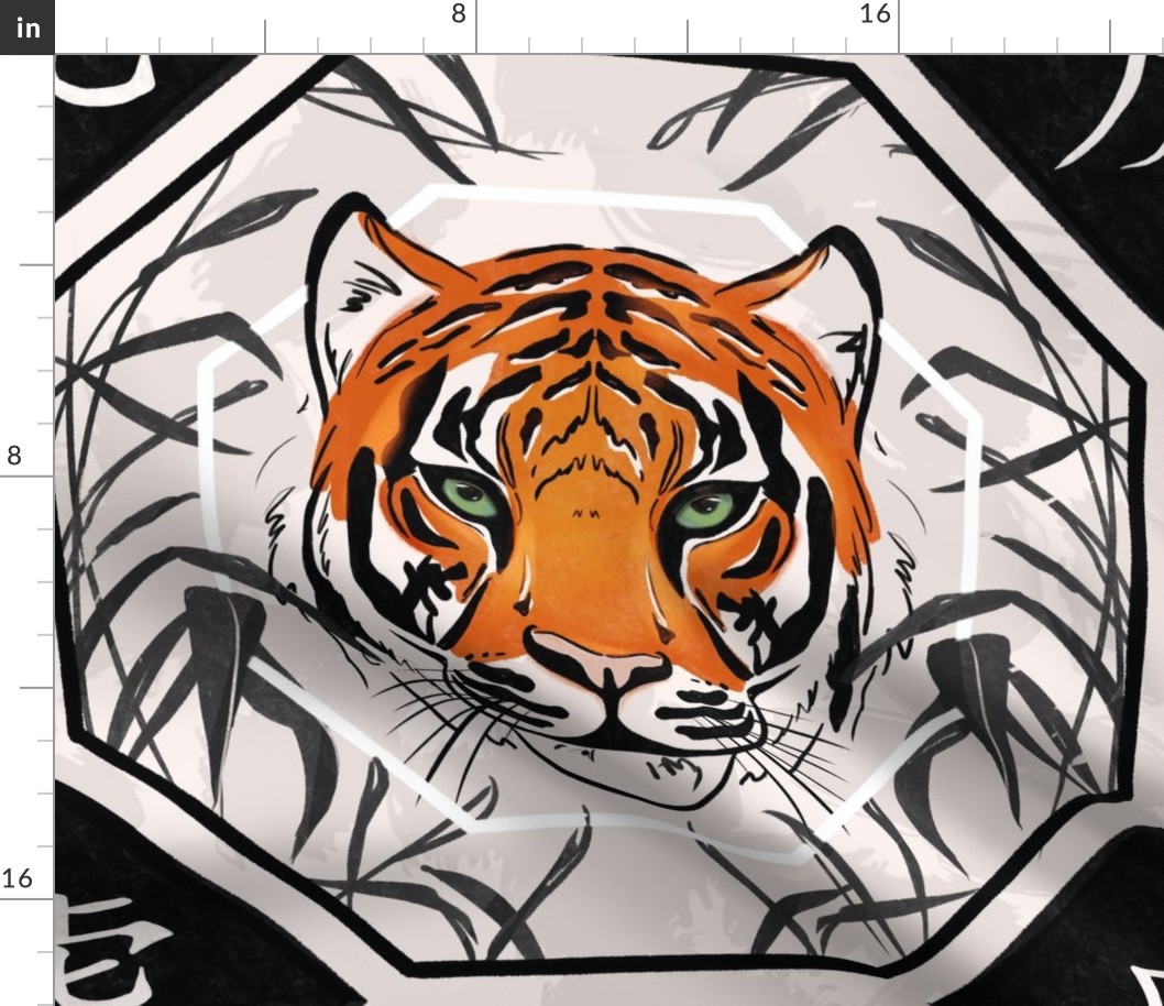 Tiger zodiac sign with bamboo leaves and kanji for the new year of the tiger 2020
