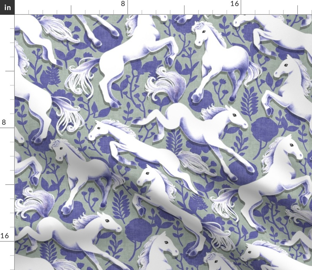 Foals Frolic - purple on sage green floral 