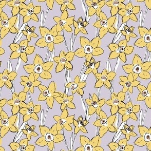 Raw freehand daffodils boho garden daffodil blossom spring love baby nursery yellow white on moody lilac purple