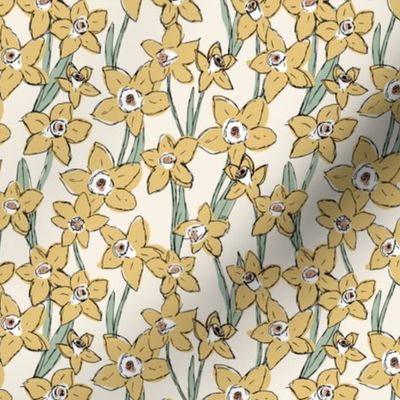 Raw freehand daffodils boho garden daffodil blossom spring love baby nursery yellow sage green on cream blush 