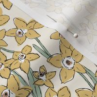 Raw freehand daffodils boho garden daffodil blossom spring love baby nursery yellow sage green on cream blush 