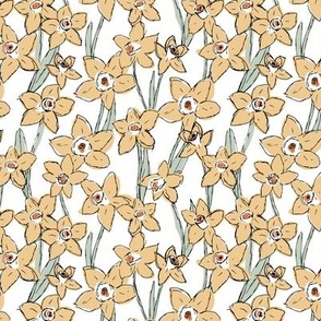 Raw freehand daffodils boho garden daffodil blossom spring love baby nursery yellow sage green on white 