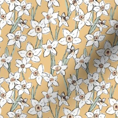 Raw freehand daffodils boho garden daffodil blossom spring love baby nursery white sage green on vintage yellow 
