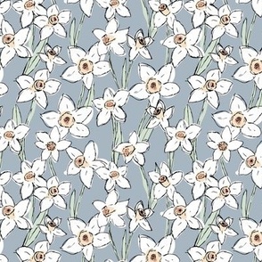 Raw freehand daffodils boho garden daffodil blossom spring love baby nursery white mint on moody blue sky 