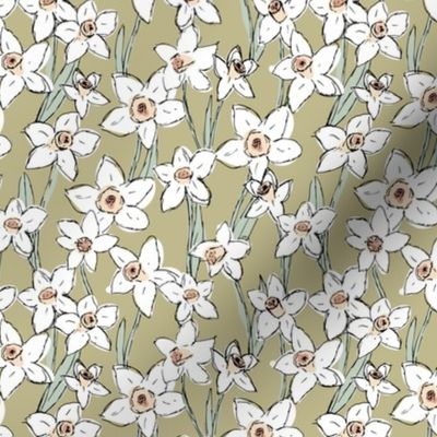 Raw freehand daffodils boho garden daffodil blossom spring love baby nursery white mint on olive green 