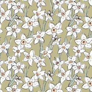 Raw freehand daffodils boho garden daffodil blossom spring love baby nursery white mint on olive green 