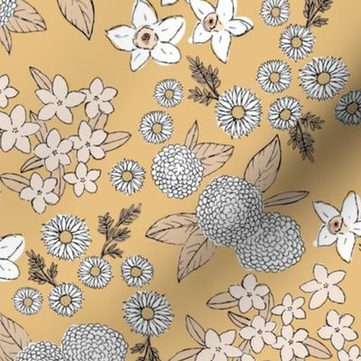 Little sketched wild flowers garden boho daffodil daisies and hydrangea flowers and leaves spring nursery ochre blush neutral beige 