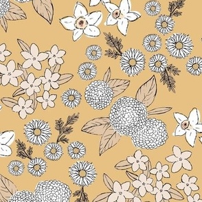 Little sketched wild flowers garden boho daffodil daisies and hydrangea flowers and leaves spring nursery ochre blush neutral beige 