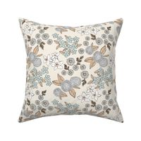 Little sketched wild flowers garden boho daffodil daisies and hydrangea flowers and leaves spring nursery beige camel blue on cream 
