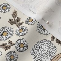 Little sketched wild flowers garden boho daffodil daisies and hydrangea flowers and leaves spring nursery beige camel blue on cream 