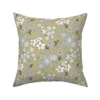 Little sketched wild flowers garden boho daffodil daisies and hydrangea flowers and leaves spring nursery white sage green on olive 