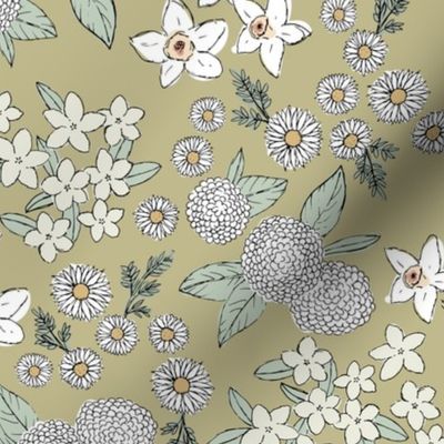 Little sketched wild flowers garden boho daffodil daisies and hydrangea flowers and leaves spring nursery white sage green on olive 