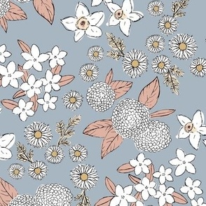 Little sketched wild flowers garden boho daffodil daisies and hydrangea flowers and leaves spring nursery white coral yellow on moody blue sky 
