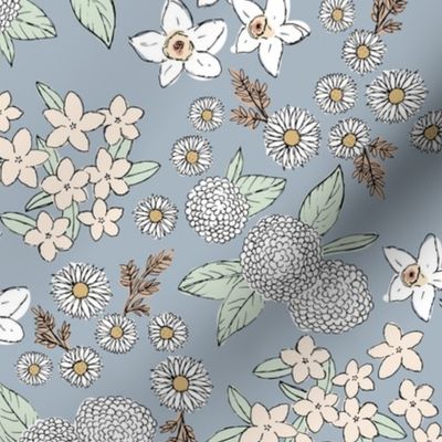 Little sketched wild flowers garden boho daffodil daisies and hydrangea flowers and leaves spring nursery white mint green blush on moody blue gray sky 