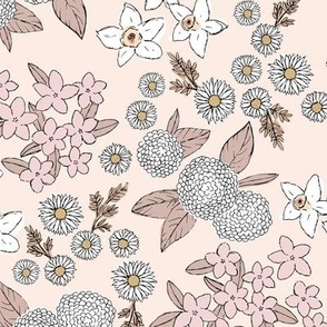 Little sketched wild flowers garden boho daffodil daisies and hydrangea flowers and leaves spring nursery white pink blush and moody coral on cream 