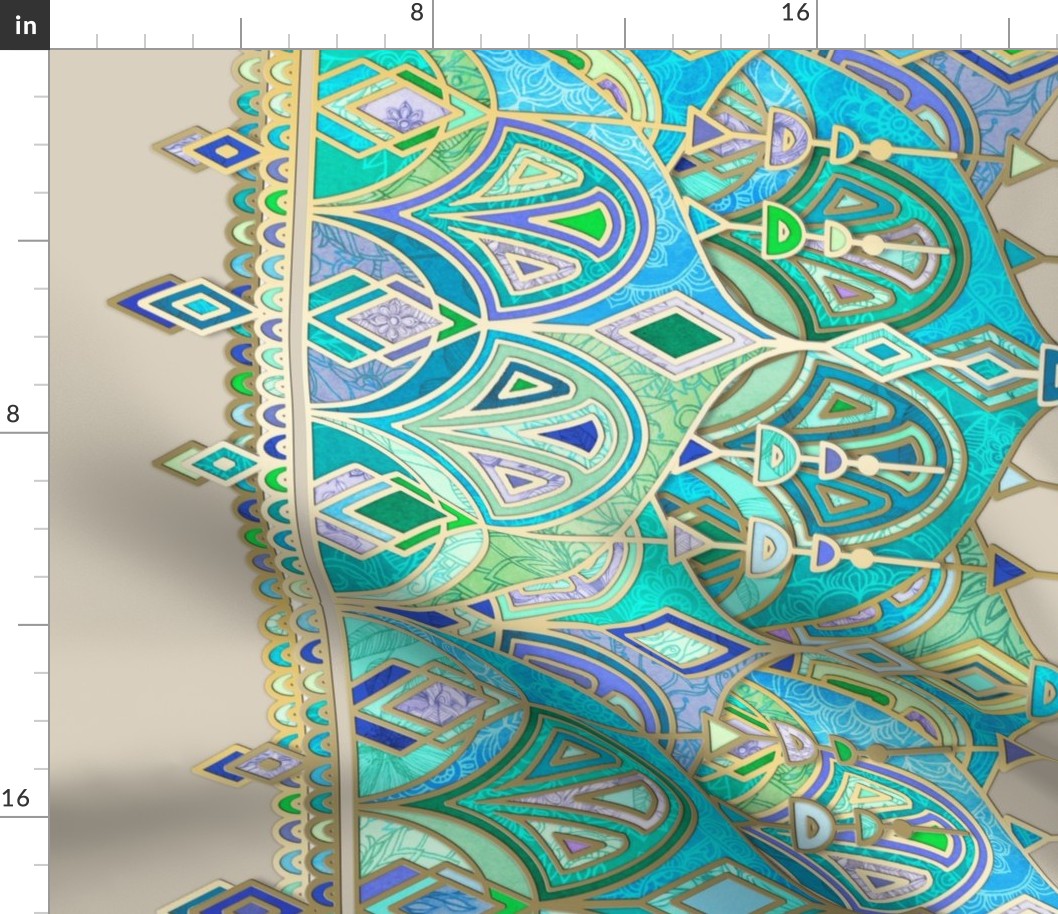Custom Ivory Background Jade and Aquamarine Art Deco Double Drop border print