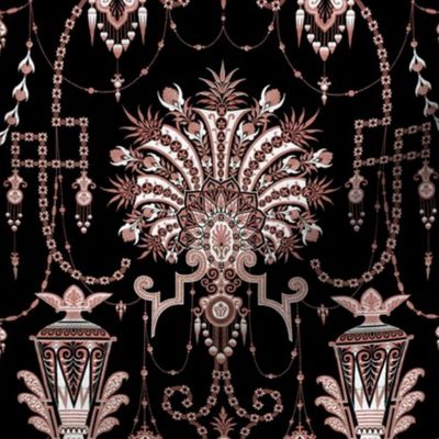 feathers baroque festoon swags flowers floral leaves leaf Victorian brown white black vases ornate elegant gothic lolita EGL red carpet haute couture runway  peacock inspired