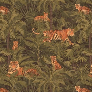 Tigers and tiger cubs hiding in the jungle
