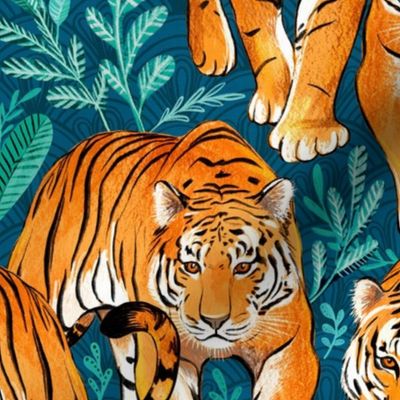 The Hunt - Stalking Tigers on Teal Blue and Green