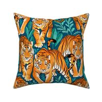 The Hunt - Stalking Tigers on Teal Blue and Green