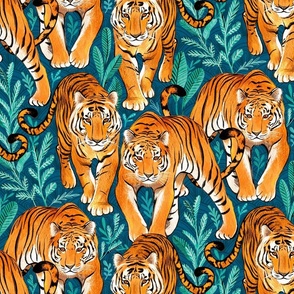 The Hunt - Stalking Tigers on Teal Blue and Green