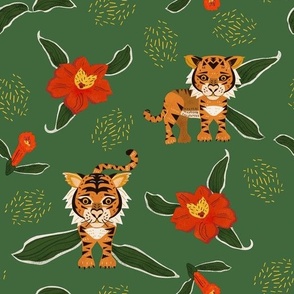 Baby Tigers and Lillies Emerald Green
