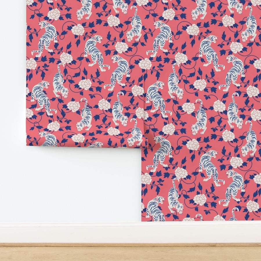 Tigers and Flowers Chinese Year of the Tiger Floral in Salmon Pink Indigo Blue and White