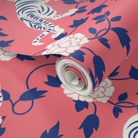 Tigers and Flowers Chinese Year of the Tiger Floral in Salmon Pink Indigo Blue and White