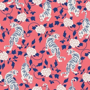 Tigers and Flowers Chinese Year of the Tiger Floral in Salmon Pink Indigo Blue and White