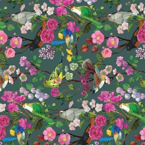 Birds and Blooms Chinoiserie {Grey Moss} rotated