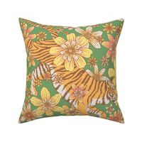 Tiger and flowers - 70s flower power - green