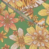 Tiger and flowers - 70s flower power - green