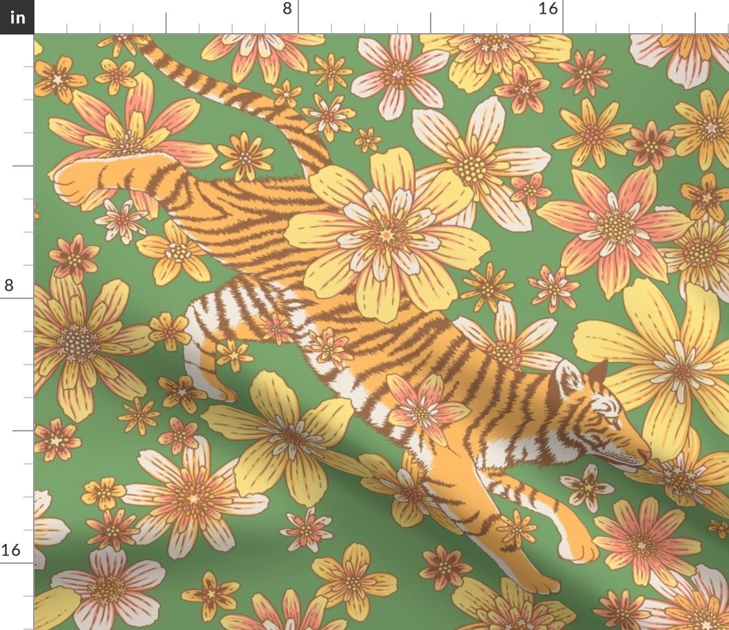 Tiger and flowers - 70s flower power - green