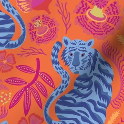 Painterly Tigers - blue orange - medium
