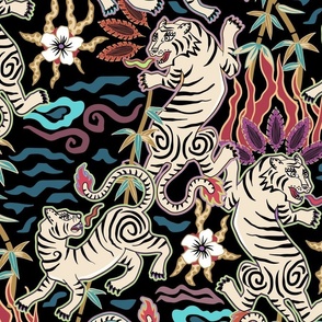 Muted jewel toned flaming tigers - Asian beasts on black - large