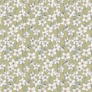 Raw freehand daffodils boho garden daffodil blossom spring love baby nursery white mint on olive green  SMALL