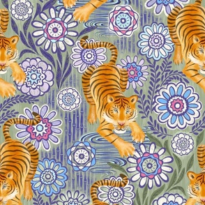 tigers on sage green with boho flowers- large scale