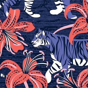 Large jumbo scale // Tigers in a tiger lily garden // textured midnight express navy blue background very peri wild animals coral flowers