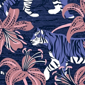 Large jumbo scale // Tigers in a tiger lily garden // textured midnight express navy blue background very peri wild animals dry rose flowers