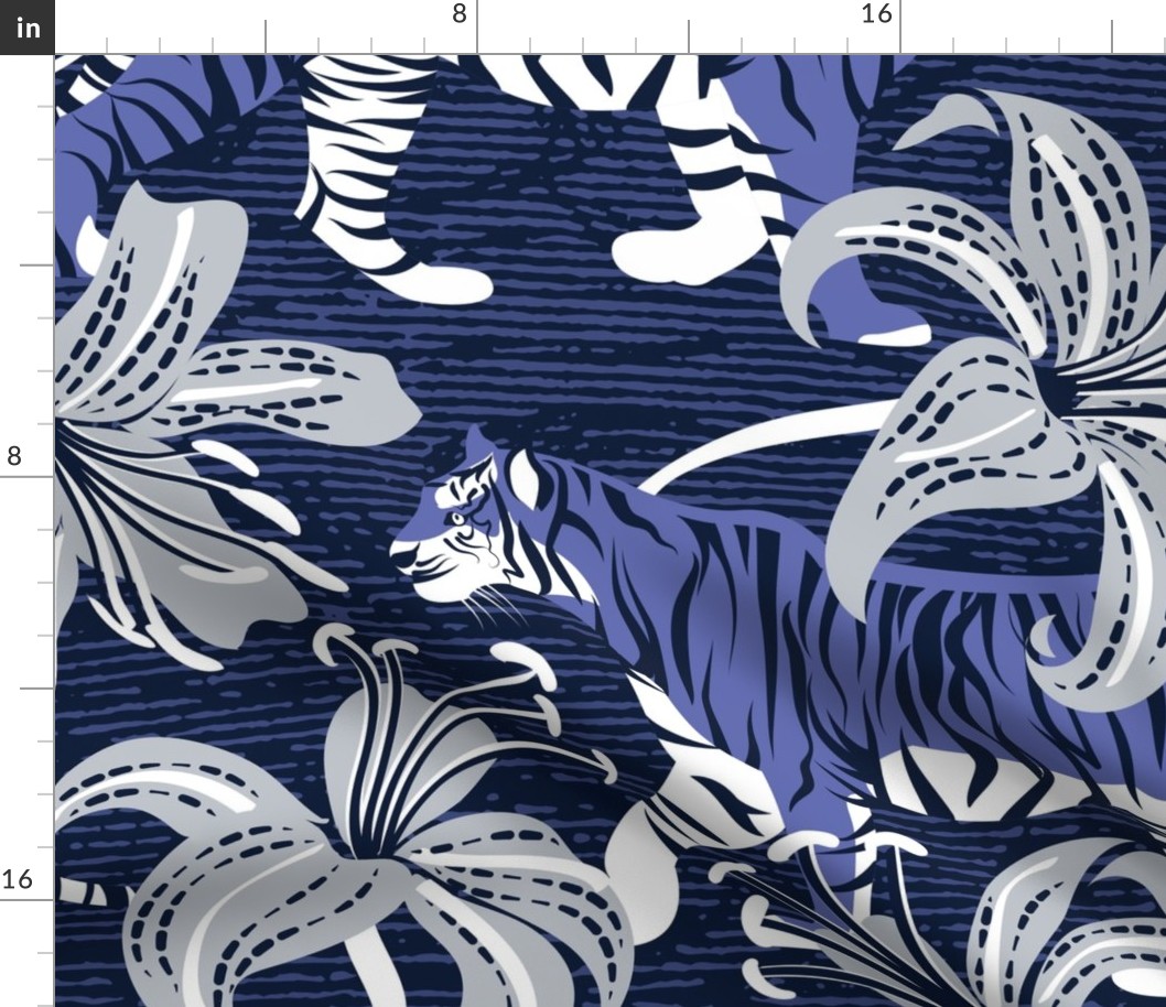 Large jumbo scale // Tigers in a tiger lily garden // textured midnight express navy blue background very peri wild animals light grey flowers