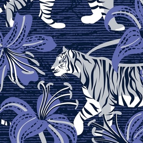 Large jumbo scale // Tigers in a tiger lily garden // textured midnight express navy blue background light grey wild animals very peri flowers