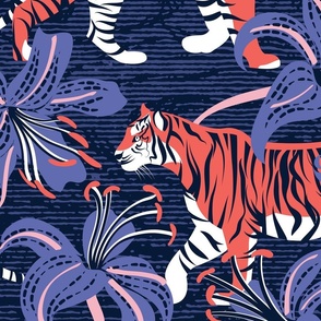 Large jumbo scale // Tigers in a tiger lily garden // textured midnight express navy blue background coral wild animals very peri flowers