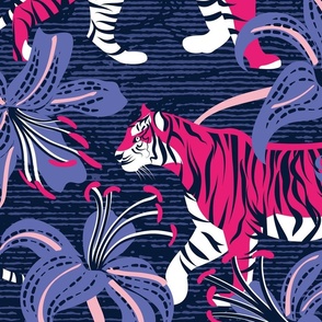 Large jumbo scale // Tigers in a tiger lily garden // textured midnight express navy blue background fuchsia pink wild animals very peri flowers