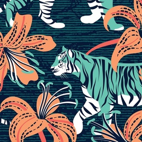 Large jumbo scale // Tigers in a tiger lily garden // textured midnight express navy blue background spearmint green wild animals papaya orange flowers