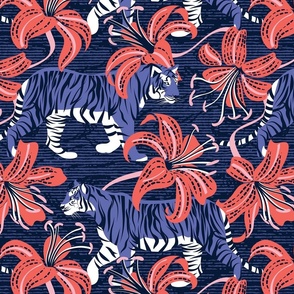 Normal scale // Tigers in a tiger lily garden // textured midnight express navy blue background very peri wild animals coral flowers