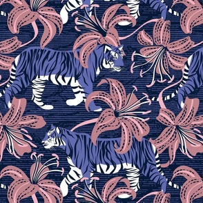 Normal scale // Tigers in a tiger lily garden // textured midnight express navy blue background very peri wild animals dry rose flowers