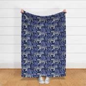 Normal scale // Tigers in a tiger lily garden // textured midnight express navy blue background light grey wild animals very peri flowers